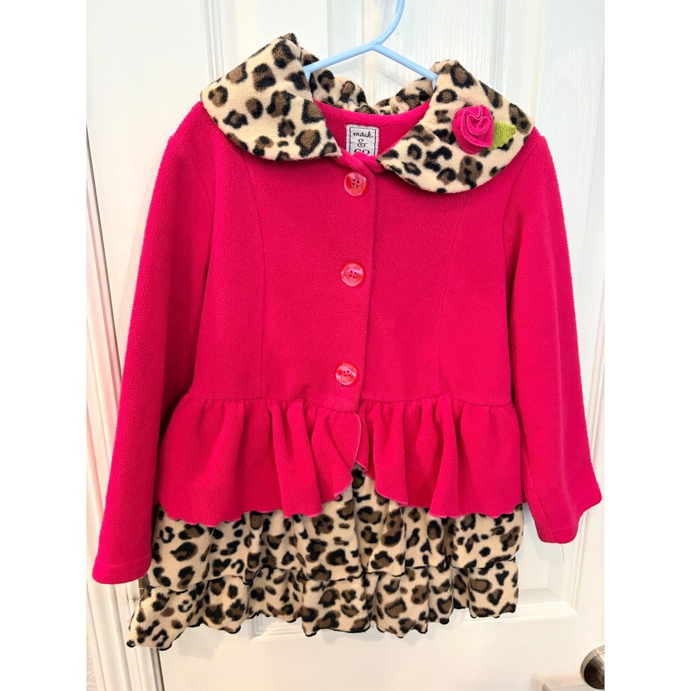 Mack & Co Fleece Coat Pink Leopard Print Ruffle Rose Accent Girls Jacket